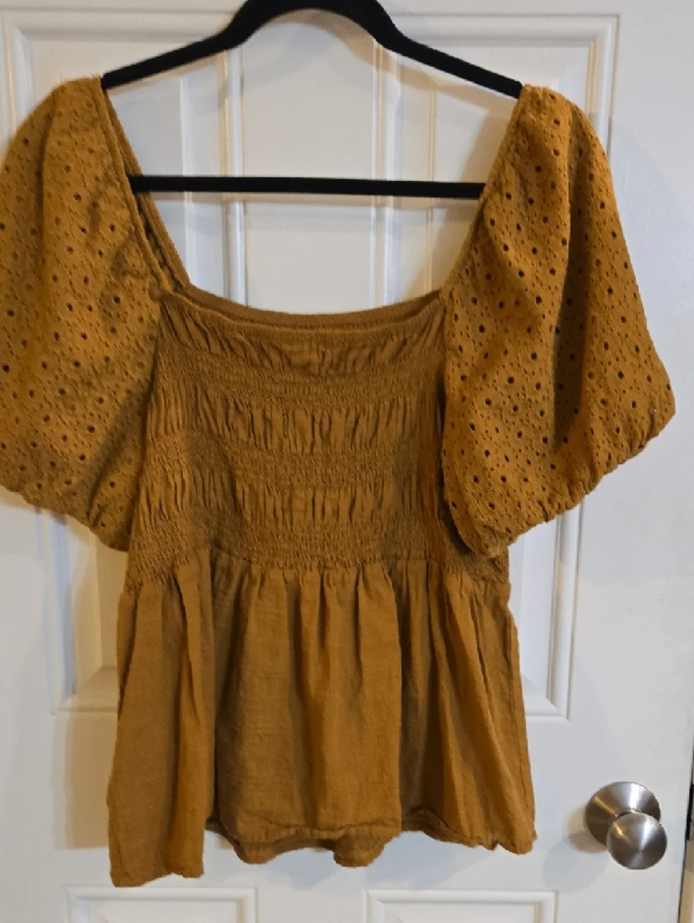 Maurices mustard smocked peplum top with puff sleeves - Picture 5 of 5
